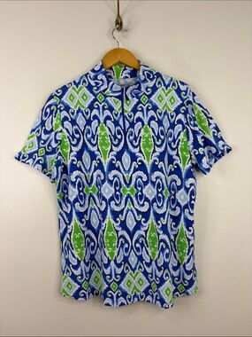 IBKUL Top Womens XXL Blue Green White Paisley Performance Stretch Half Zip Shirt